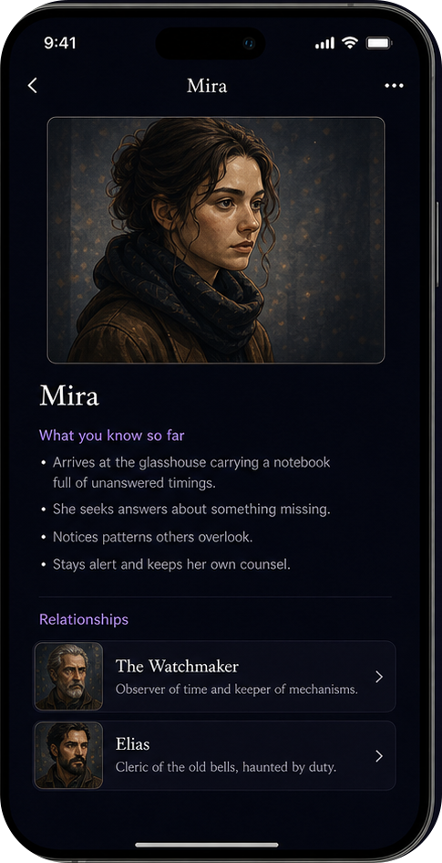 Lorely character detail screen with generated portrait and what you know so far.