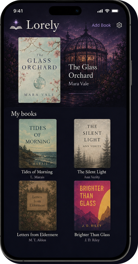 Lorely Library screen showing current book hero, generated atmosphere, and book grid.